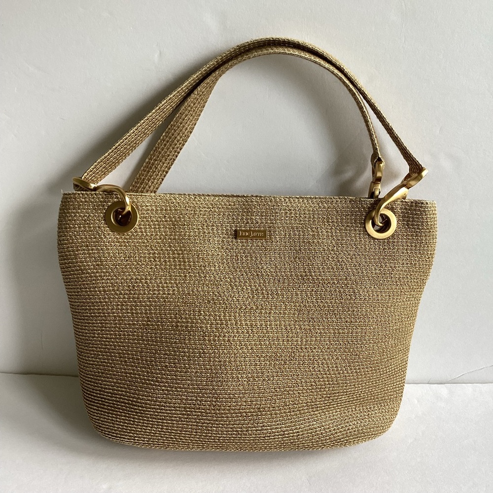 Eric Javits Squishee Woven Straw Tote Bag Tan Gold Hardware Travel Coastal Beach